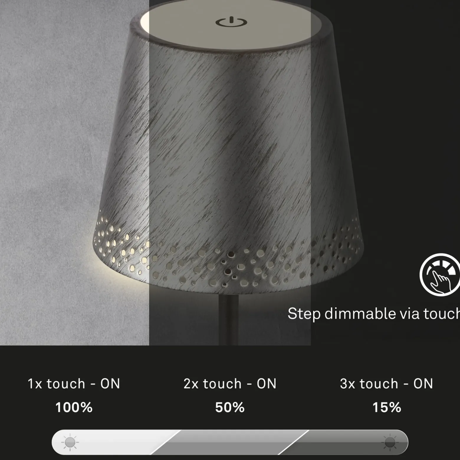 LED-Akku-Tischleuchte Kiki, antik silber, IP44, 3.000K