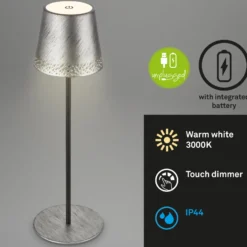 LED-Akku-Tischleuchte Kiki, antik silber, IP44, 3.000K