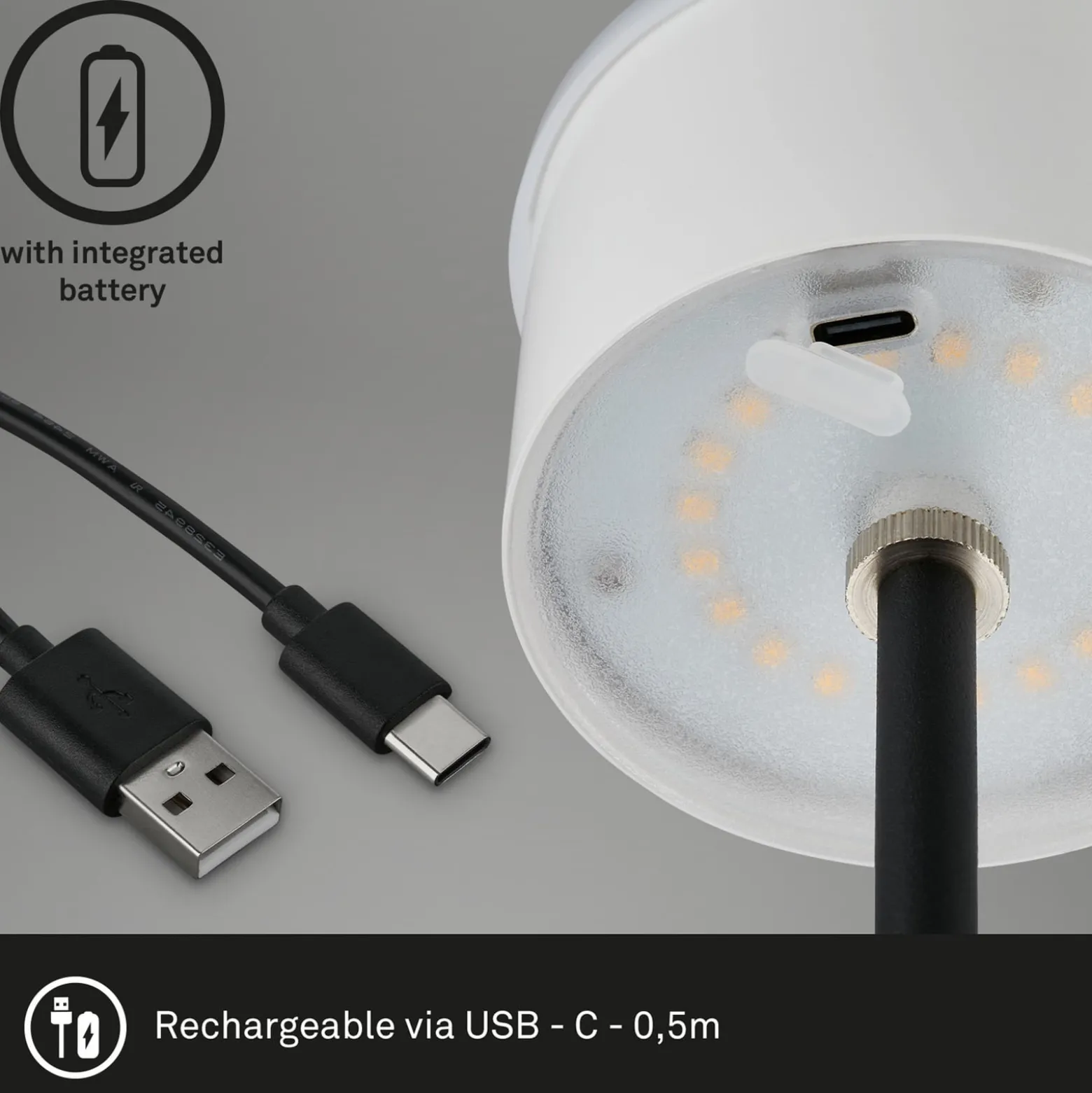 LED-Akku-Tischleuchte Kiki, antik silber, IP44, 3.000K