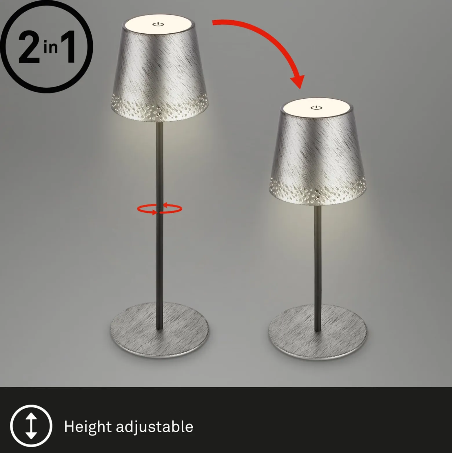 LED-Akku-Tischleuchte Kiki, antik silber, IP44, 3.000K