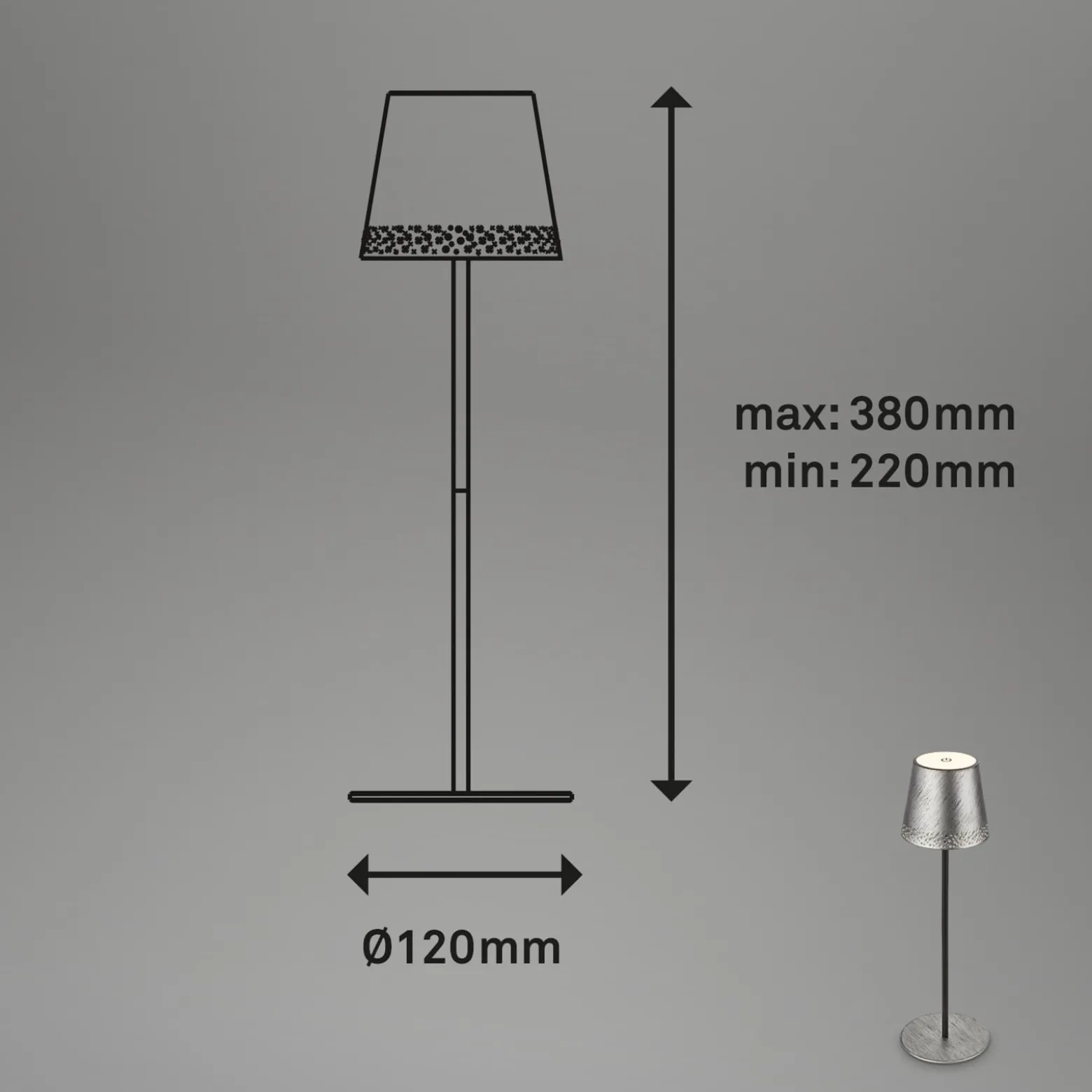 LED-Akku-Tischleuchte Kiki, antik silber, IP44, 3.000K