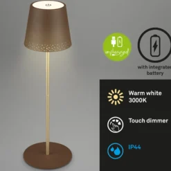 LED-Akku-Tischleuchte Kiki, braun/gold, IP44, 3.000K