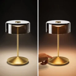 LED-Akkutischleuchte Numotion, gold, Glas, IP54, dimmbar