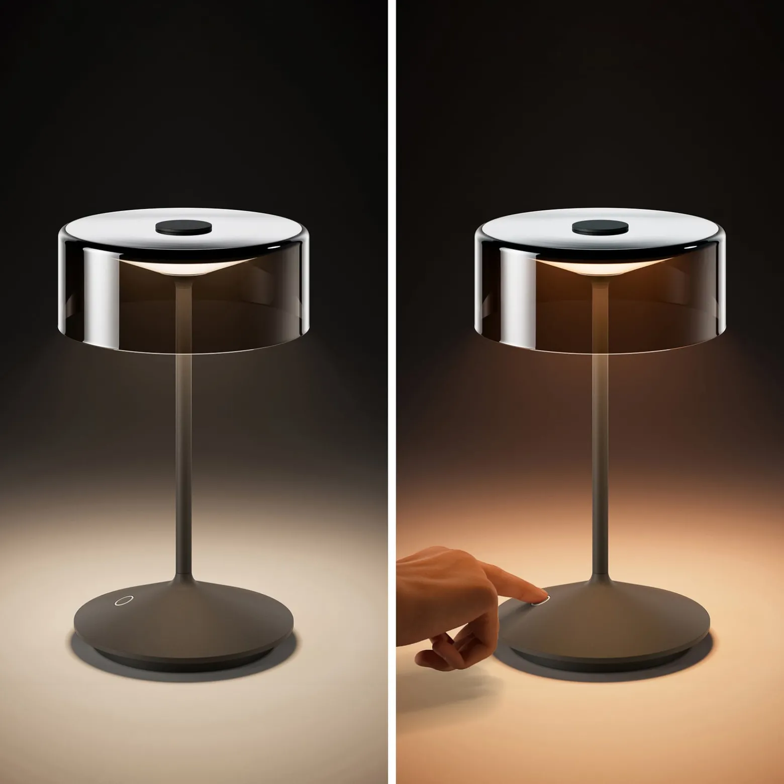 LED-Akkutischleuchte Numotion, graphit, Glas, IP54, dimmbar