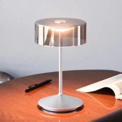 LED-Akkutischleuchte Numotion, silber, Glas, IP54, dimmbar
