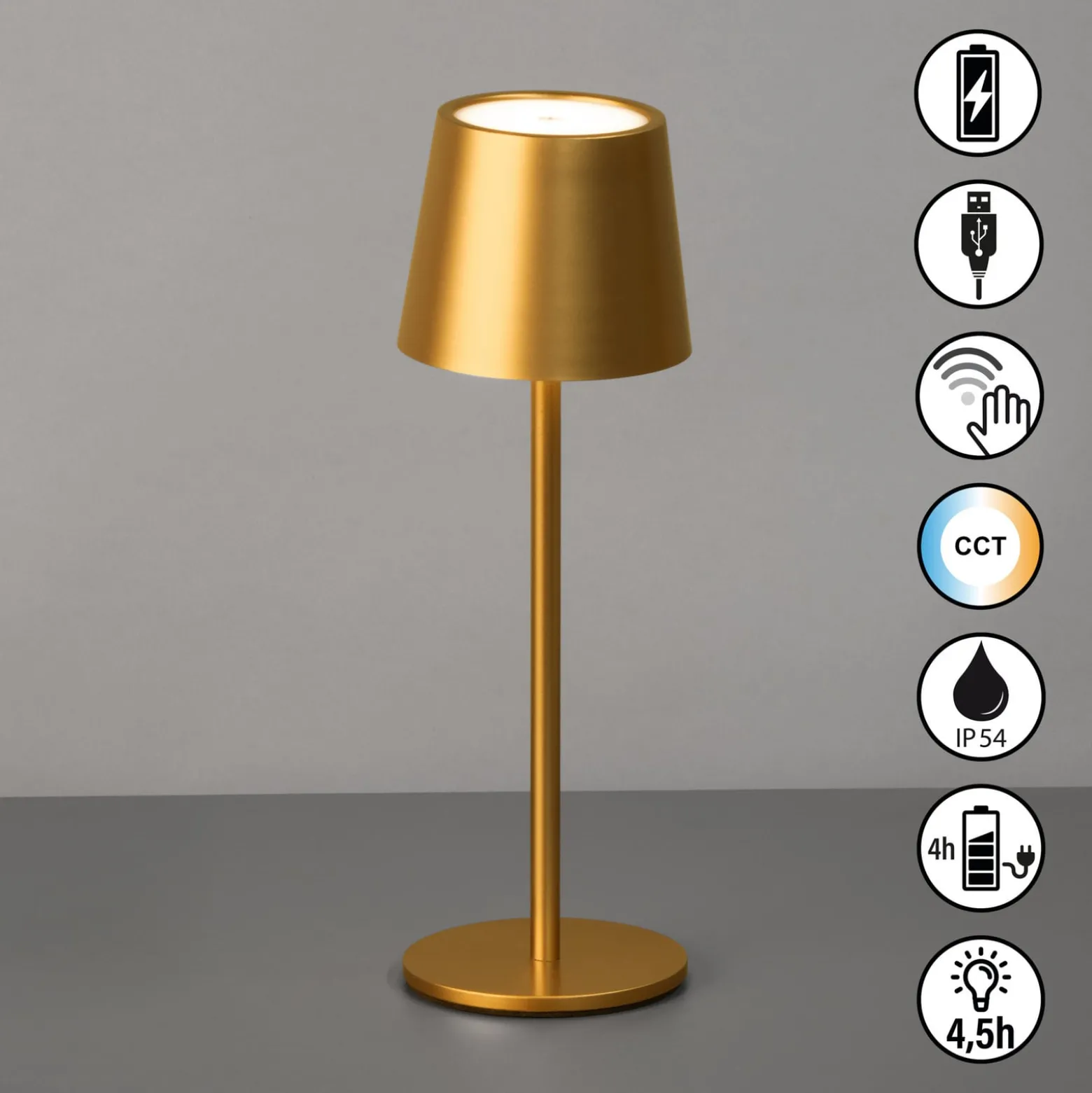 LED-Akku-Tischleuchte Roxi, goldfarben, Metall, IP54, Dimmer