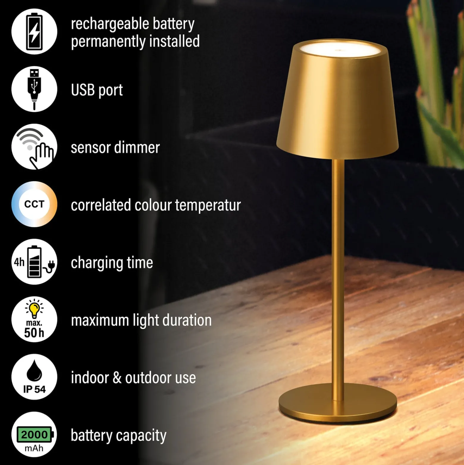 LED-Akku-Tischleuchte Roxi, goldfarben, Metall, IP54, Dimmer