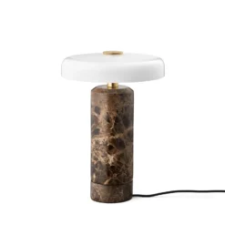 LED-Akkutischleuchte Trip, braun / weiß, Marmor, Glas, IP44