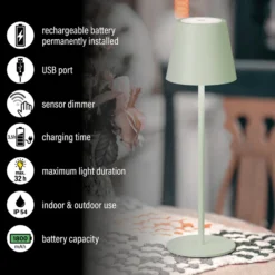 LED-Akku-Tischleuchte Viletto, salbeigrün, IP54