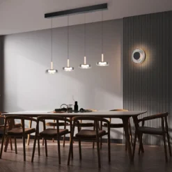 LED-Hängelampe Celeste chrom/holz 115 cm 4-flg. Glas dimmbar