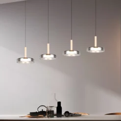 LED-Hängelampe Celeste chrom/holz 115 cm 4-flg. Glas dimmbar