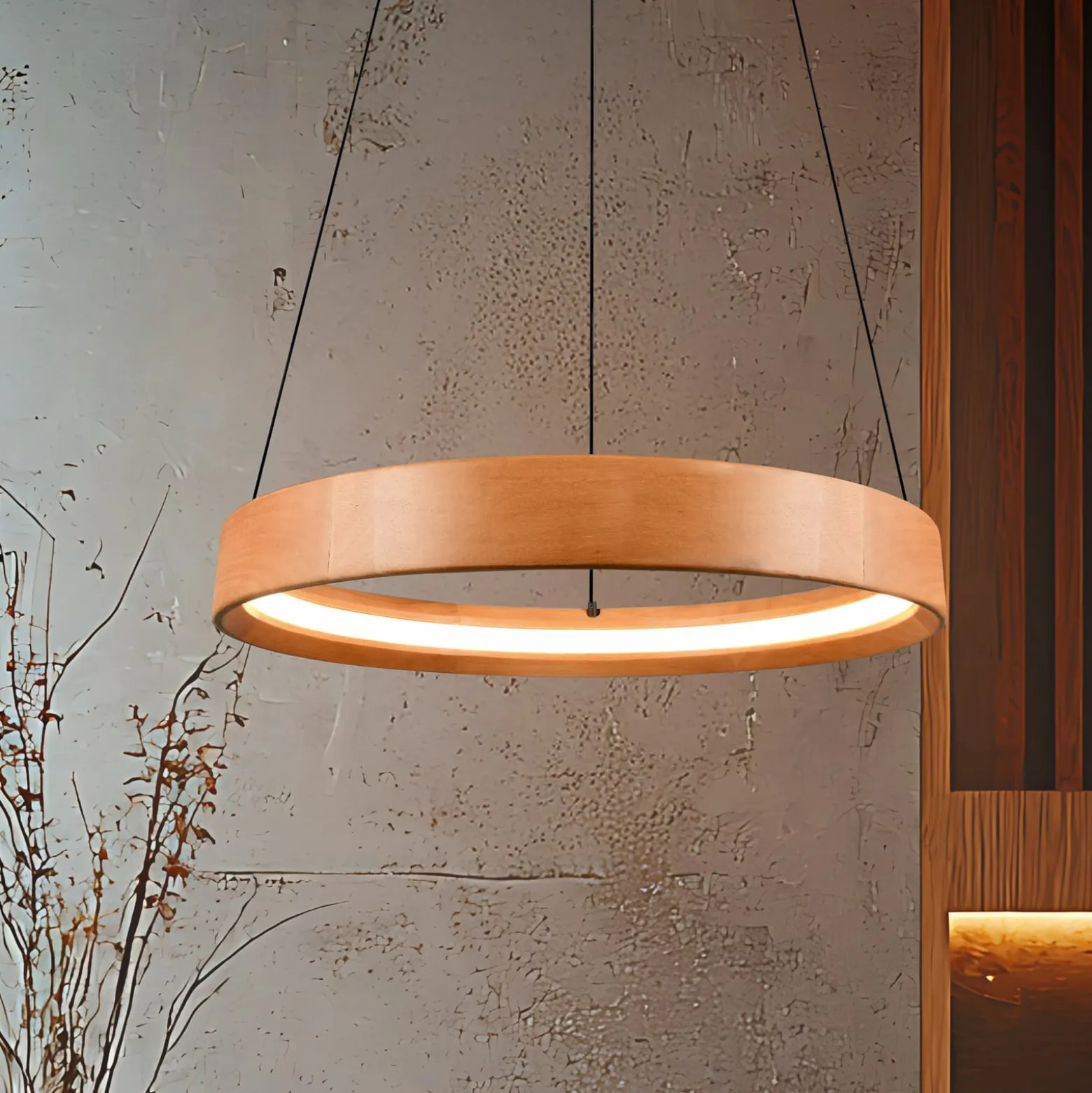 LED-Hängelampe Lynwood, Ø 50 cm, holzfarben, Holz, dimmbar
