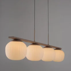 LED-Hängelampe Nami, 4fl. lang, sand, weiß, Glas, Eisen