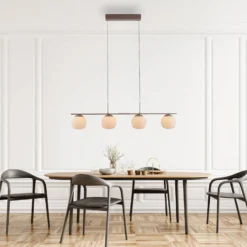 LED-Hängelampe Nami, 4fl. lang, sand, weiß, Glas, Eisen