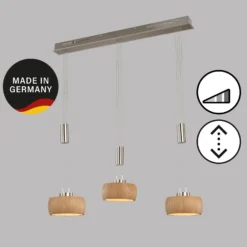 LED-Hängelampe Shine-Wood, Eiche/nickel, Länge 100 cm 3-flg.