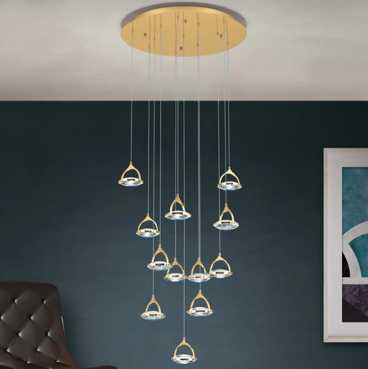 LED-Hängeleuchte Moon, K9-Kristallglas, 12fl gold