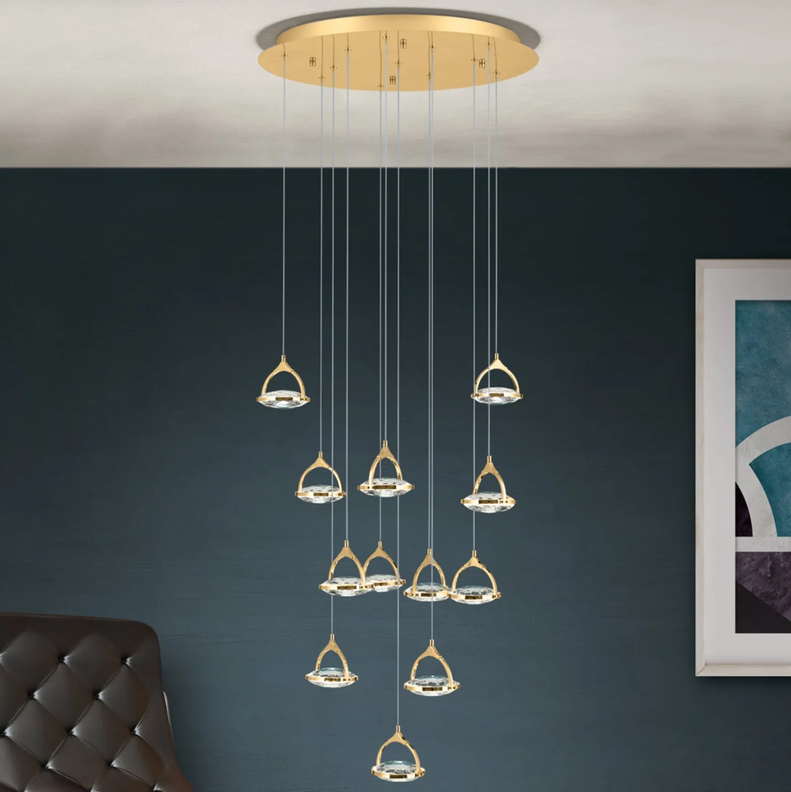 LED-Hängeleuchte Moon, K9-Kristallglas, 12fl gold