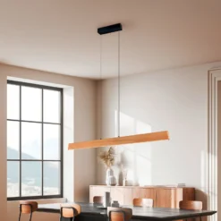 LED-Pendellampe Edgewood, Länge 150 cm, holzfarben Holz, CCT