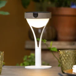 LED-Solartischleuchte Tyble, weiß / teak, 2.700 K, 200 lm