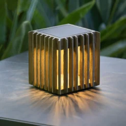 LED-Solartischleuchte Verti, teak-grau, 3.000 K, 300 lm