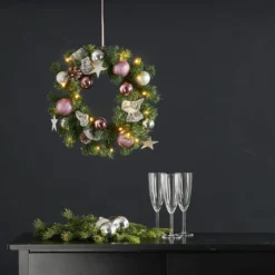 LED-Tannenkranz Noel mit silber-/pinkfarbener Deko