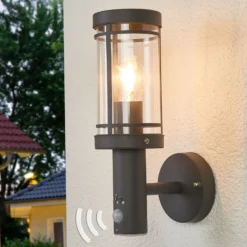 Lindby Außenwandlampe Djori, Sensor, anthrazit, Edelstahl