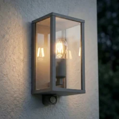 Lindby Außenwandlampe Peldar, anthrazit/klar, 26 cm, Sensor