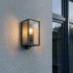 Lindby Außenwandlampe Peldar, anthrazit/klar, 26 cm, Sensor