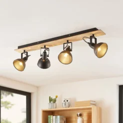 Lindby Aylis Deckenlampe, 4-flg., 82 cm, schwarz, Holz, E14