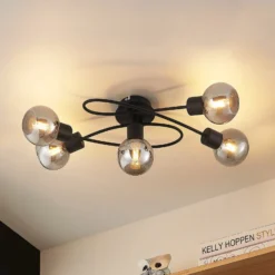 Lindby Deckenlampe Elaina, 66 cm, 5-flg., schwarz/rauch, E14