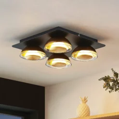 Lindby Deckenlampe Erin, 4-flg., 30 cm, schwarz/gold, Glas