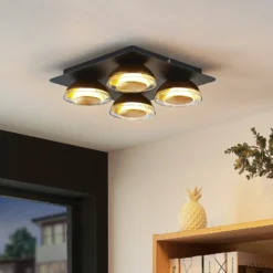 Lindby Deckenlampe Erin, 4-flg., 30 cm, schwarz/gold, Glas
