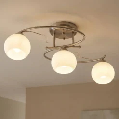 Lindby Deckenlampe Svean, 3fl, nickel/weiß, Glas, Länge 60cm