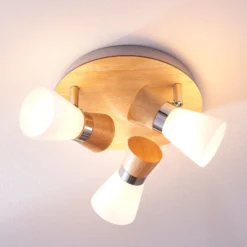 Lindby Deckenlampe Vivica, Ø 26 cm, chrom/Holz, 3-flammig