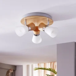 Lindby Deckenlampe Vivica, Ø 26 cm, chrom/Holz, 3-flammig