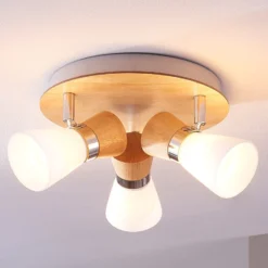 Lindby Deckenlampe Vivica, Ø 26 cm, chrom/Holz, 3-flammig