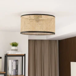 Lindby Deckenlampe Yaelle, Ø 40 cm, Rattan, schwarz, E27