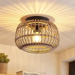 Lindby Deckenleuchte Bominio, Ø 33 cm, Rattan, Holz, E27