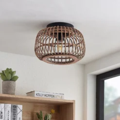 Lindby Deckenleuchte Bominio, Ø 33 cm, Rattan, Holz, E27