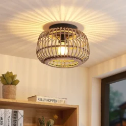 Lindby Deckenleuchte Bominio, Ø 33 cm, Rattan, Holz, E27