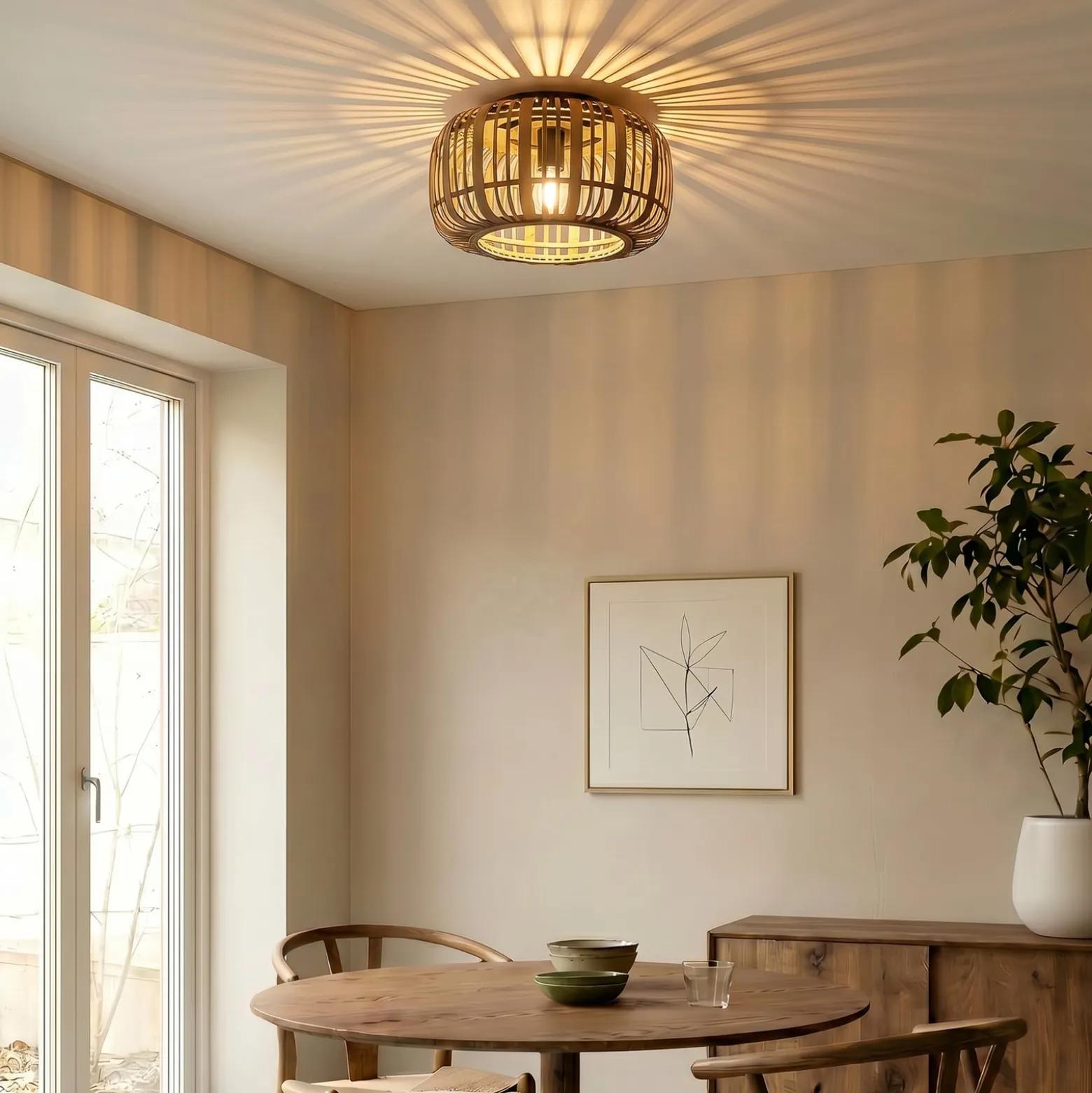 Lindby Deckenleuchte Canyana, natur, Rattan, Ø 40 cm