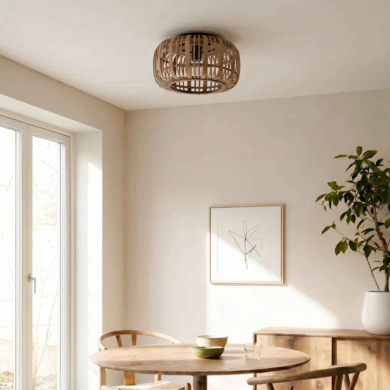 Lindby Deckenleuchte Canyana, natur, Rattan, Ø 40 cm