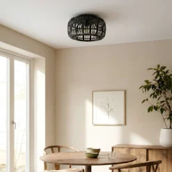 Lindby Deckenleuchte Canyana, schwarz, Rattan, Ø 40 cm