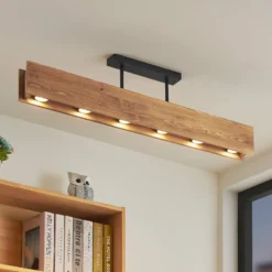 Lindby Deckenleuchte Malwin, GU10, 100 cm lang, 6-flg., Holz