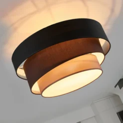 Lindby Deckenleuchte Melia, schwarz/braun, Textil, Ø 56cm