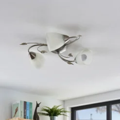 Lindby Deckenleuchte Yannie, 3-flg., 50cm, nickel/weiß, Glas