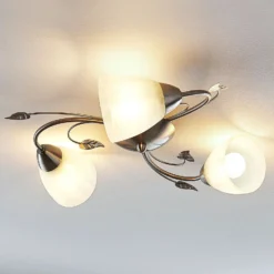 Lindby Deckenleuchte Yannie, 3-flg., 50cm, nickel/weiß, Glas