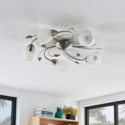 Lindby Deckenleuchte Yannie, 5-flg., 60cm, nickel/weiß, Glas