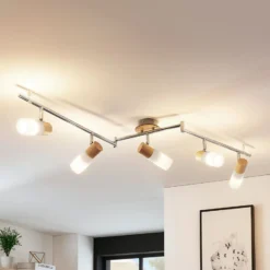 Lindby Deckenstrahler Christoph, 130 cm, 5-flg., Holz, Glas