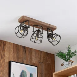 Lindby Deckenstrahler Rutger, 52cm, 3-flg., Holz, Käfig, E14